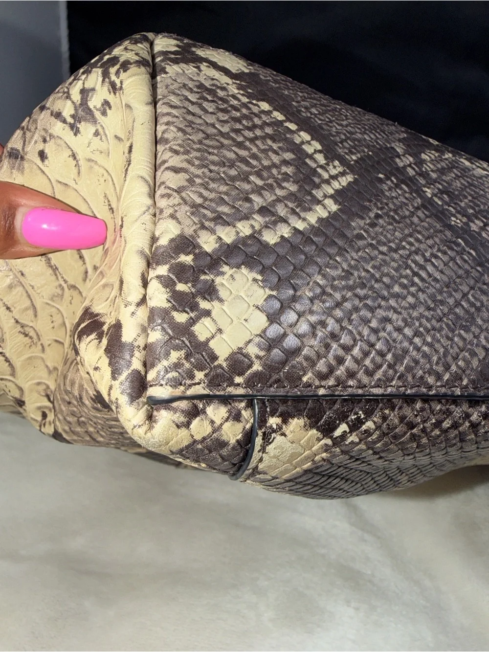 Coach Snake Print Satchel Handbag Brown Tan Leather Trim Gold Hardware